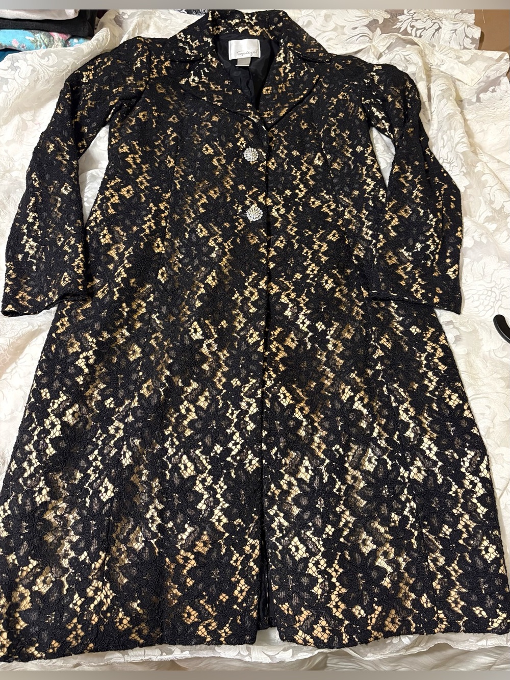 NWOT Black Lace Coat with Gold Satin Underlay & Crystal Bling buttons
